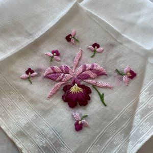 Vintage Klauber Handkerchief, Swiss-Made, White Pink/Purple Embroidered Flowers